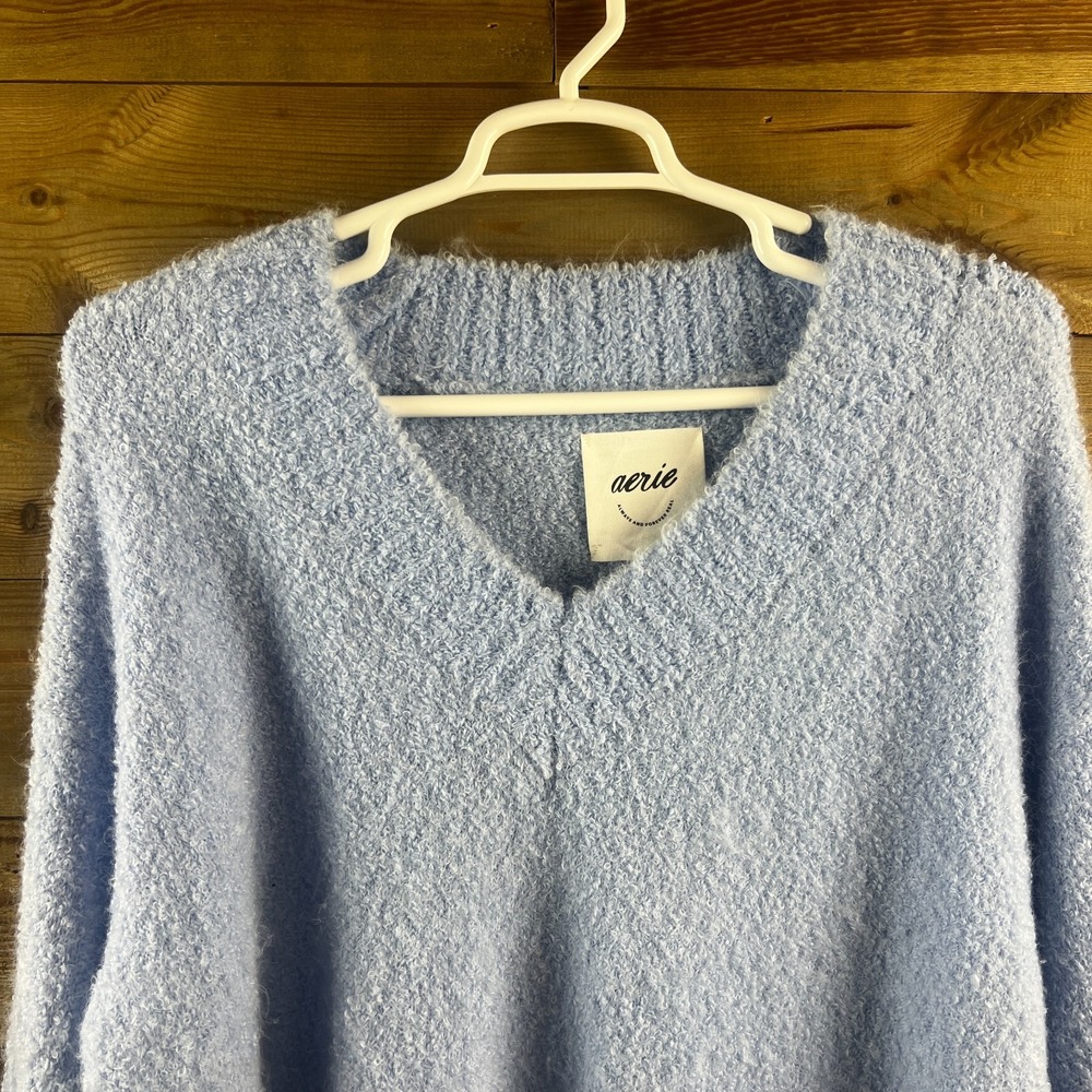 Aerie Womens Sweater Teddy Boucle Oversized Fuzzy Vneck Cozy Wool Blend Large - Picture 2 of 7